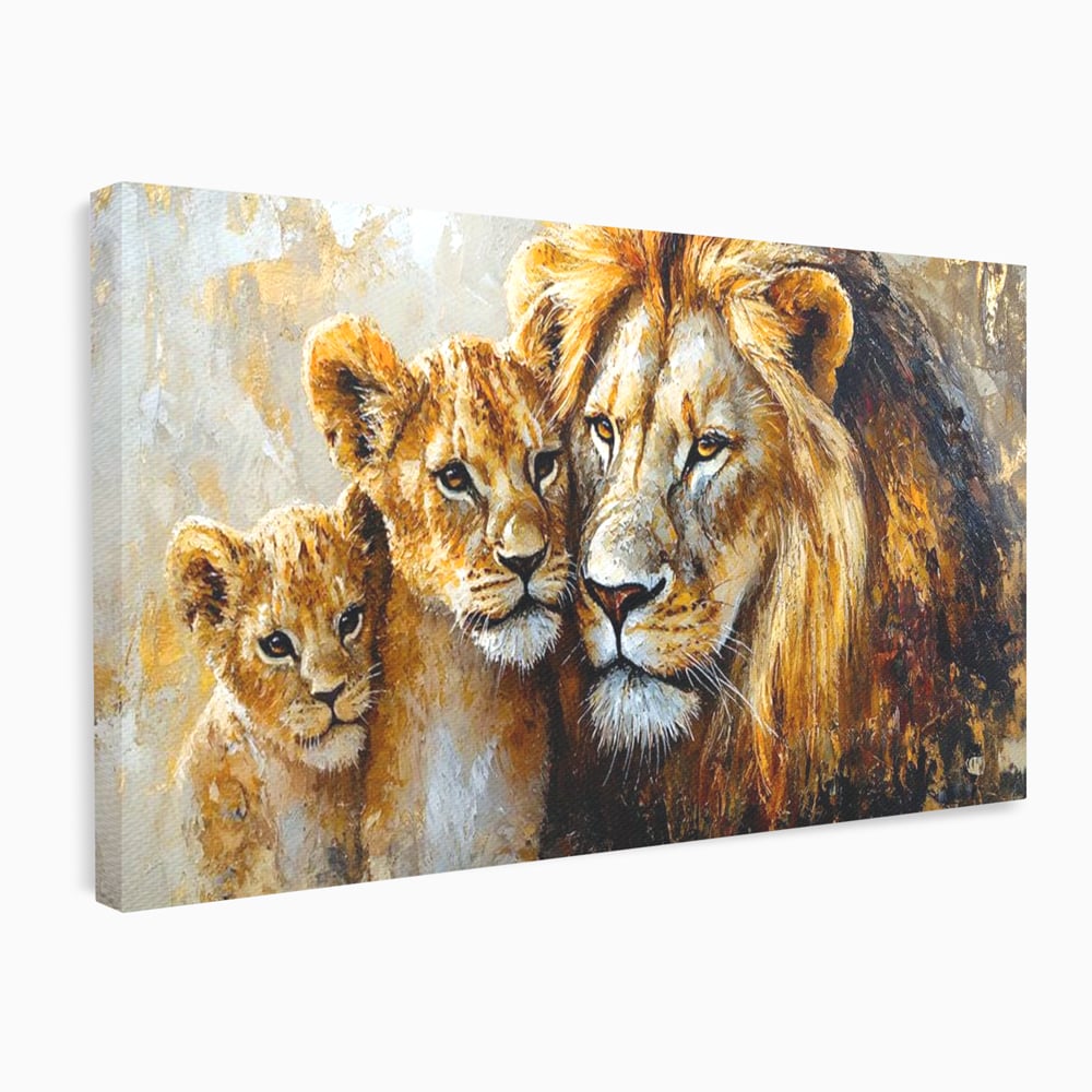 Leinwand Wandkunst Canvas Wall Art Premium, LuxCanva® M1384, Der Stolz des Königs, Familie, Bindung, Zuneigung, Vater, Huhn, Küken, Löwen, Tiere, König des Dschungels, Gold, Büro, Wohnzimmer, Kinderzimmer