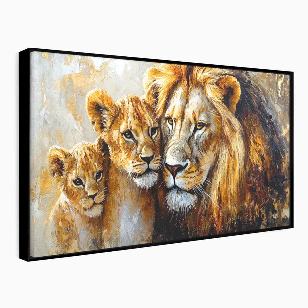 Leinwand Wandkunst Canvas Wall Art Premium, LuxCanva® M1384, Der Stolz des Königs, Familie, Bindung, Zuneigung, Vater, Huhn, Küken, Löwen, Tiere, König des Dschungels, Gold, Büro, Wohnzimmer, Kinderzimmer