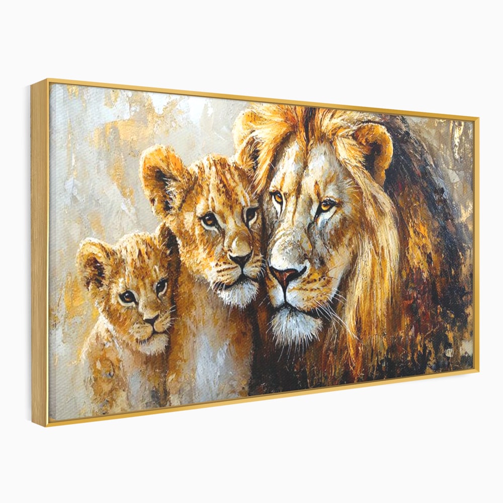 Leinwand Wandkunst Canvas Wall Art Premium, LuxCanva® M1384, Der Stolz des Königs, Familie, Bindung, Zuneigung, Vater, Huhn, Küken, Löwen, Tiere, König des Dschungels, Gold, Büro, Wohnzimmer, Kinderzimmer