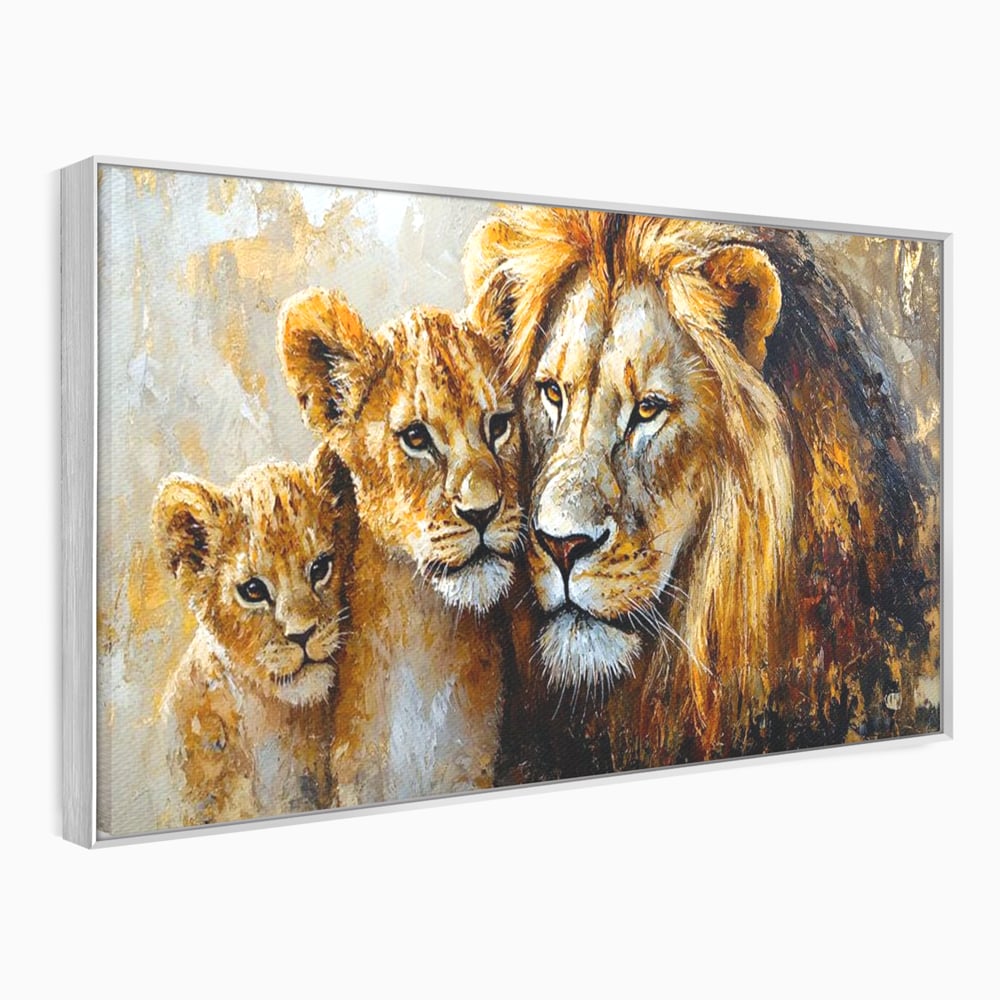 Leinwand Wandkunst Canvas Wall Art Premium, LuxCanva® M1384, Der Stolz des Königs, Familie, Bindung, Zuneigung, Vater, Huhn, Küken, Löwen, Tiere, König des Dschungels, Gold, Büro, Wohnzimmer, Kinderzimmer