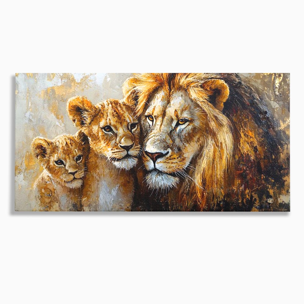 Leinwand Wandkunst Canvas Wall Art Premium, LuxCanva® M1384, Der Stolz des Königs, Familie, Bindung, Zuneigung, Vater, Huhn, Küken, Löwen, Tiere, König des Dschungels, Gold, Büro, Wohnzimmer, Kinderzimmer