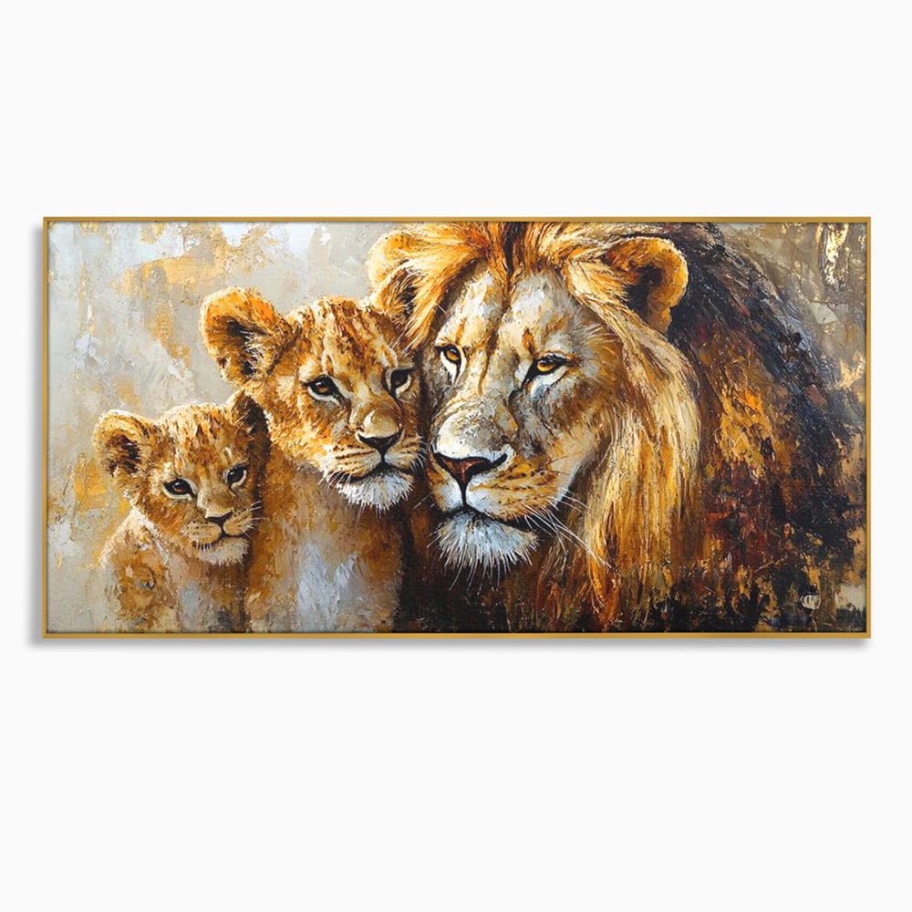 Leinwand Wandkunst Canvas Wall Art Premium, LuxCanva® M1384, Der Stolz des Königs, Familie, Bindung, Zuneigung, Vater, Huhn, Küken, Löwen, Tiere, König des Dschungels, Gold, Büro, Wohnzimmer, Kinderzimmer