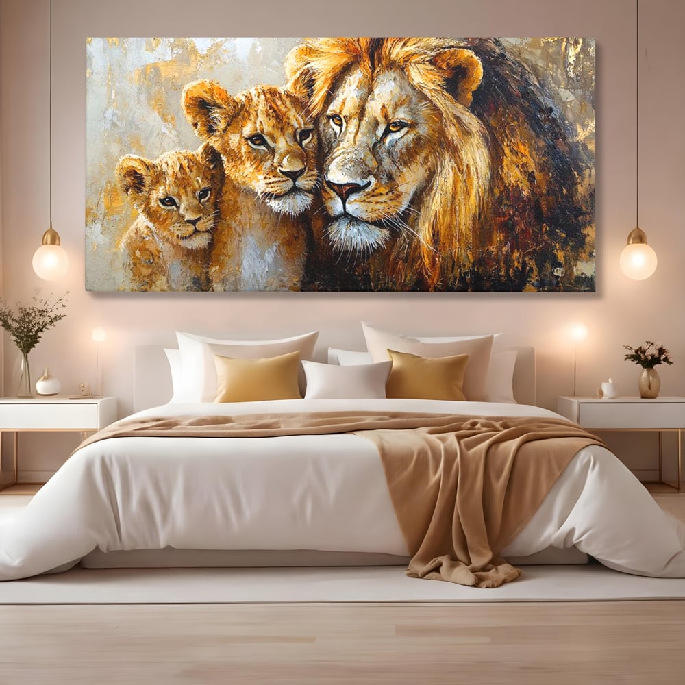 Leinwand Wandkunst Canvas Wall Art Premium, LuxCanva® M1384, Der Stolz des Königs, Familie, Bindung, Zuneigung, Vater, Huhn, Küken, Löwen, Tiere, König des Dschungels, Gold, Büro, Wohnzimmer, Kinderzimmer