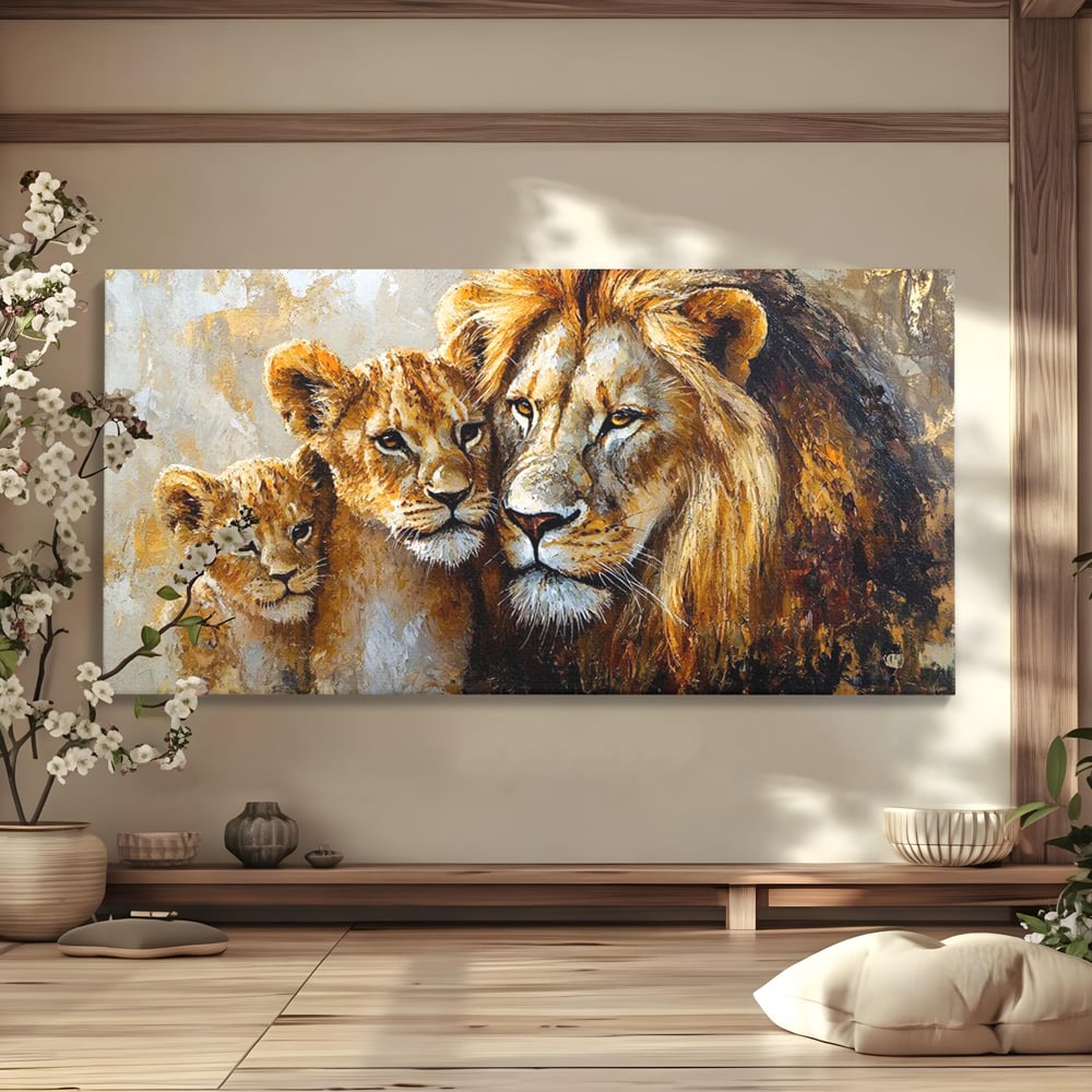 Leinwand Wandkunst Canvas Wall Art Premium, LuxCanva® M1384, Der Stolz des Königs, Familie, Bindung, Zuneigung, Vater, Huhn, Küken, Löwen, Tiere, König des Dschungels, Gold, Büro, Wohnzimmer, Kinderzimmer