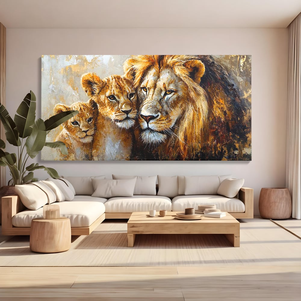 Leinwand Wandkunst Canvas Wall Art Premium, LuxCanva® M1384, Der Stolz des Königs, Familie, Bindung, Zuneigung, Vater, Huhn, Küken, Löwen, Tiere, König des Dschungels, Gold, Büro, Wohnzimmer, Kinderzimmer