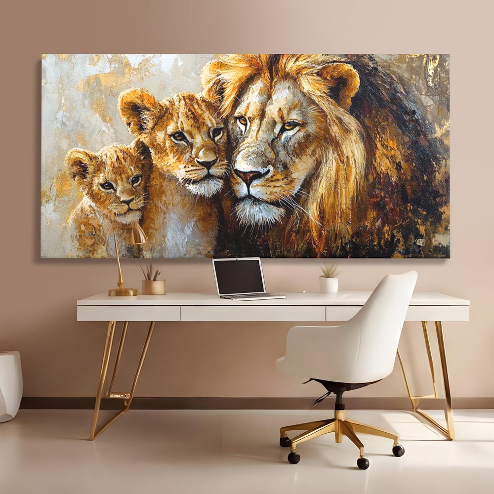 Leinwand Wandkunst Canvas Wall Art Premium, LuxCanva® M1384, Der Stolz des Königs, Familie, Bindung, Zuneigung, Vater, Huhn, Küken, Löwen, Tiere, König des Dschungels, Gold, Büro, Wohnzimmer, Kinderzimmer