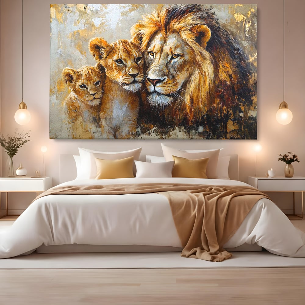 Leinwand Wandkunst Canvas Wall Art Premium, LuxCanva® M1384, Der Stolz des Königs, Familie, Bindung, Zuneigung, Vater, Huhn, Küken, Löwen, Tiere, König des Dschungels, Gold, Büro, Wohnzimmer, Kinderzimmer