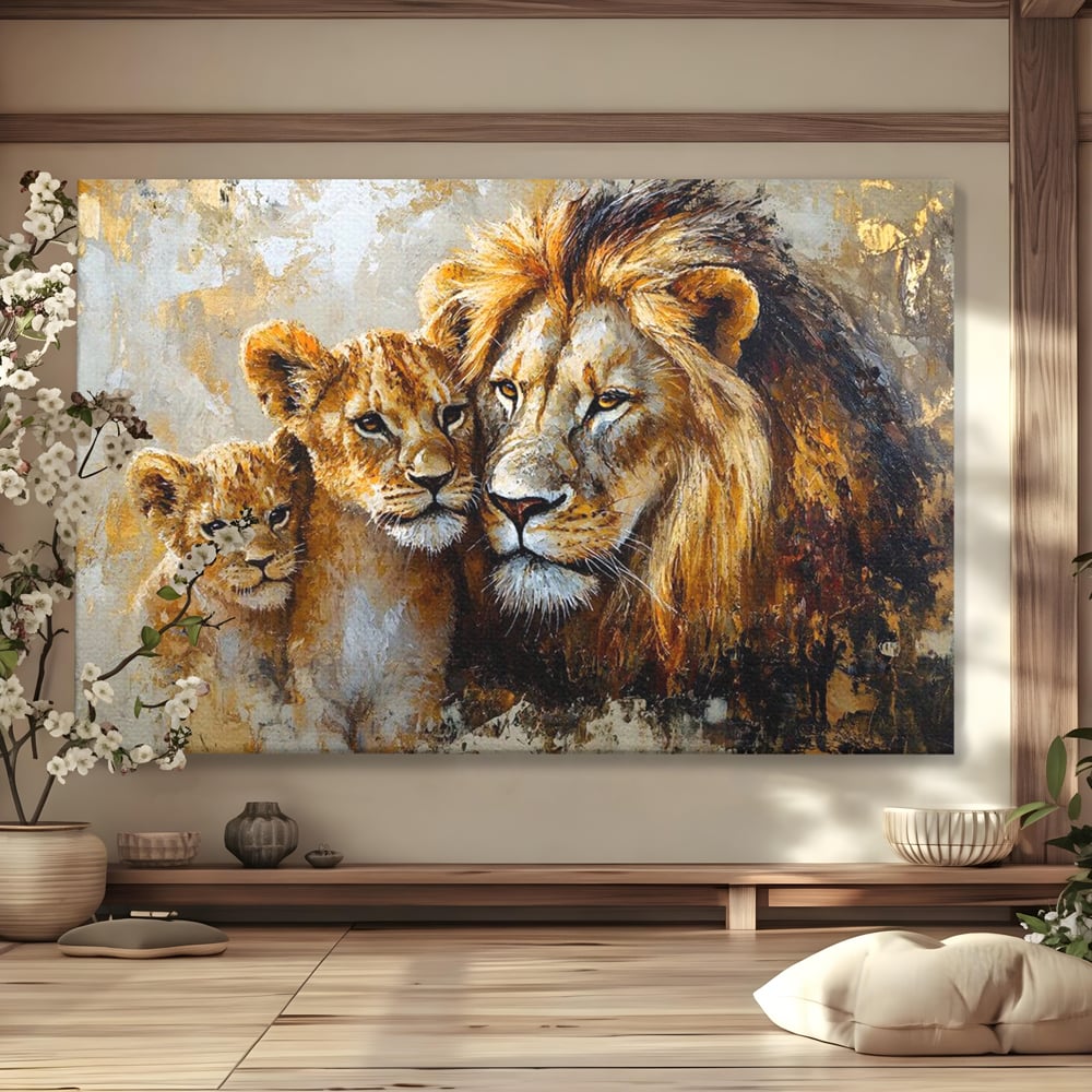Leinwand Wandkunst Canvas Wall Art Premium, LuxCanva® M1384, Der Stolz des Königs, Familie, Bindung, Zuneigung, Vater, Huhn, Küken, Löwen, Tiere, König des Dschungels, Gold, Büro, Wohnzimmer, Kinderzimmer