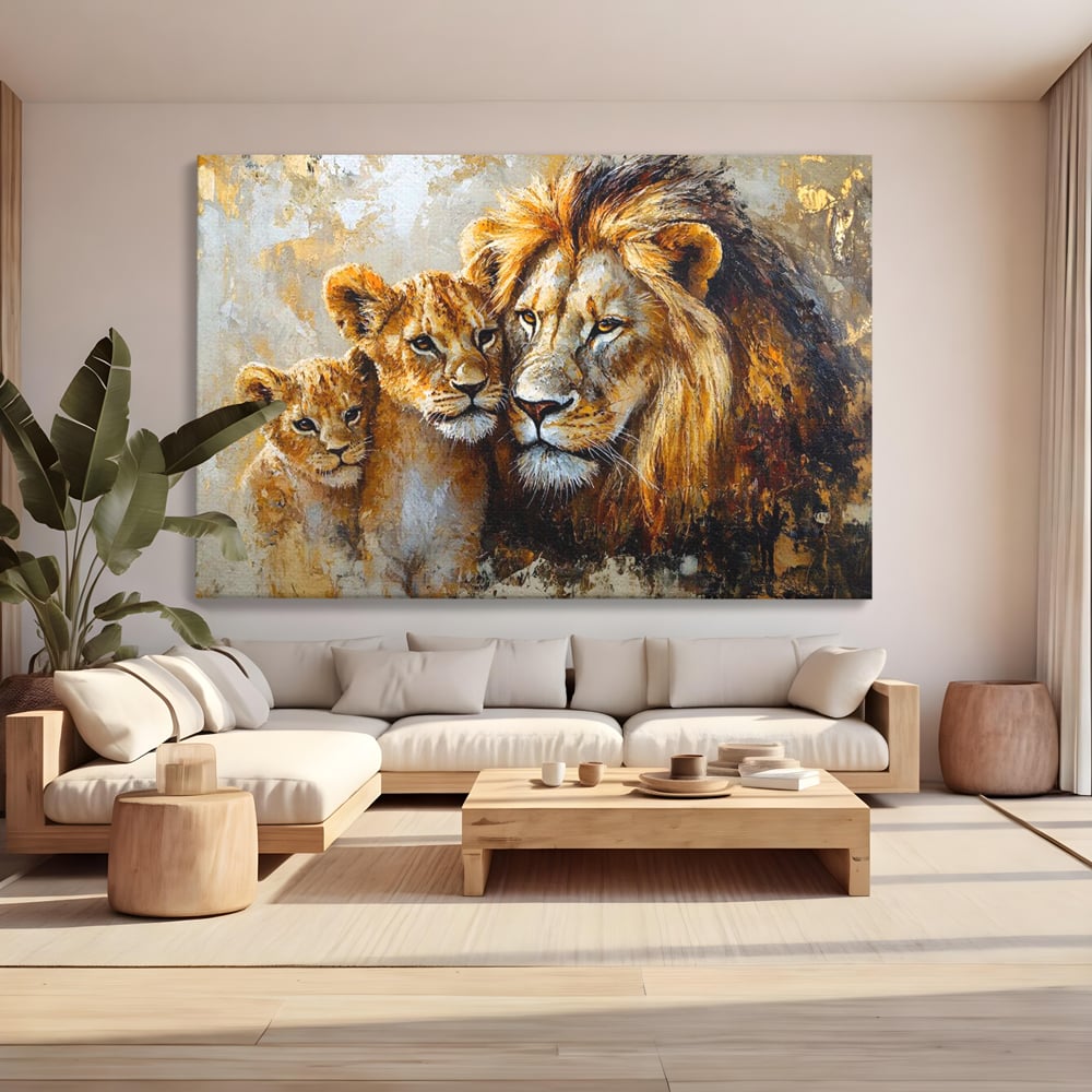 Leinwand Wandkunst Canvas Wall Art Premium, LuxCanva® M1384, Der Stolz des Königs, Familie, Bindung, Zuneigung, Vater, Huhn, Küken, Löwen, Tiere, König des Dschungels, Gold, Büro, Wohnzimmer, Kinderzimmer