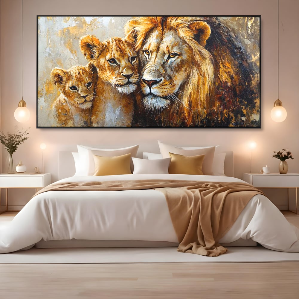 Leinwand Wandkunst Canvas Wall Art Premium, LuxCanva® M1384, Der Stolz des Königs, Familie, Bindung, Zuneigung, Vater, Huhn, Küken, Löwen, Tiere, König des Dschungels, Gold, Büro, Wohnzimmer, Kinderzimmer