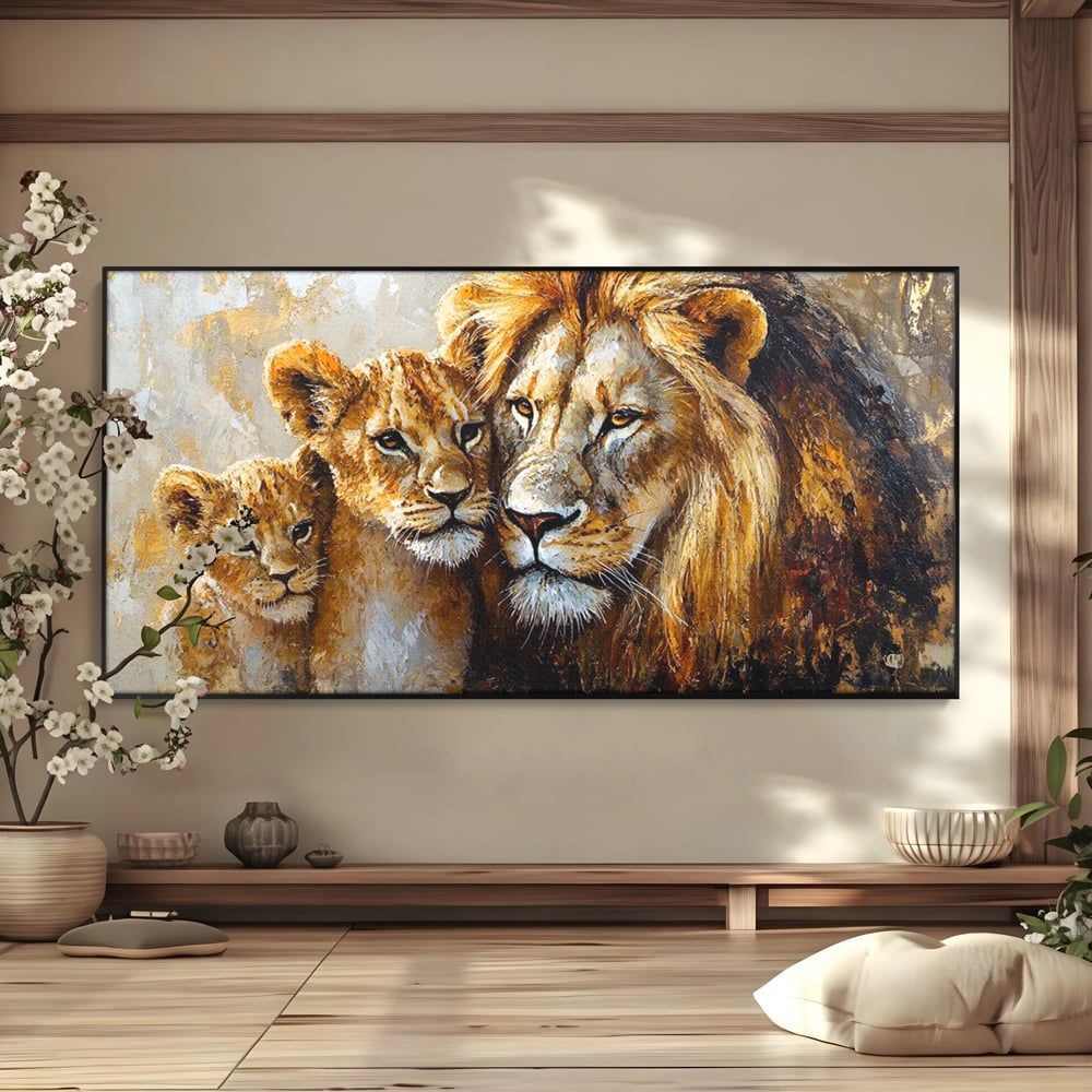 Leinwand Wandkunst Canvas Wall Art Premium, LuxCanva® M1384, Der Stolz des Königs, Familie, Bindung, Zuneigung, Vater, Huhn, Küken, Löwen, Tiere, König des Dschungels, Gold, Büro, Wohnzimmer, Kinderzimmer