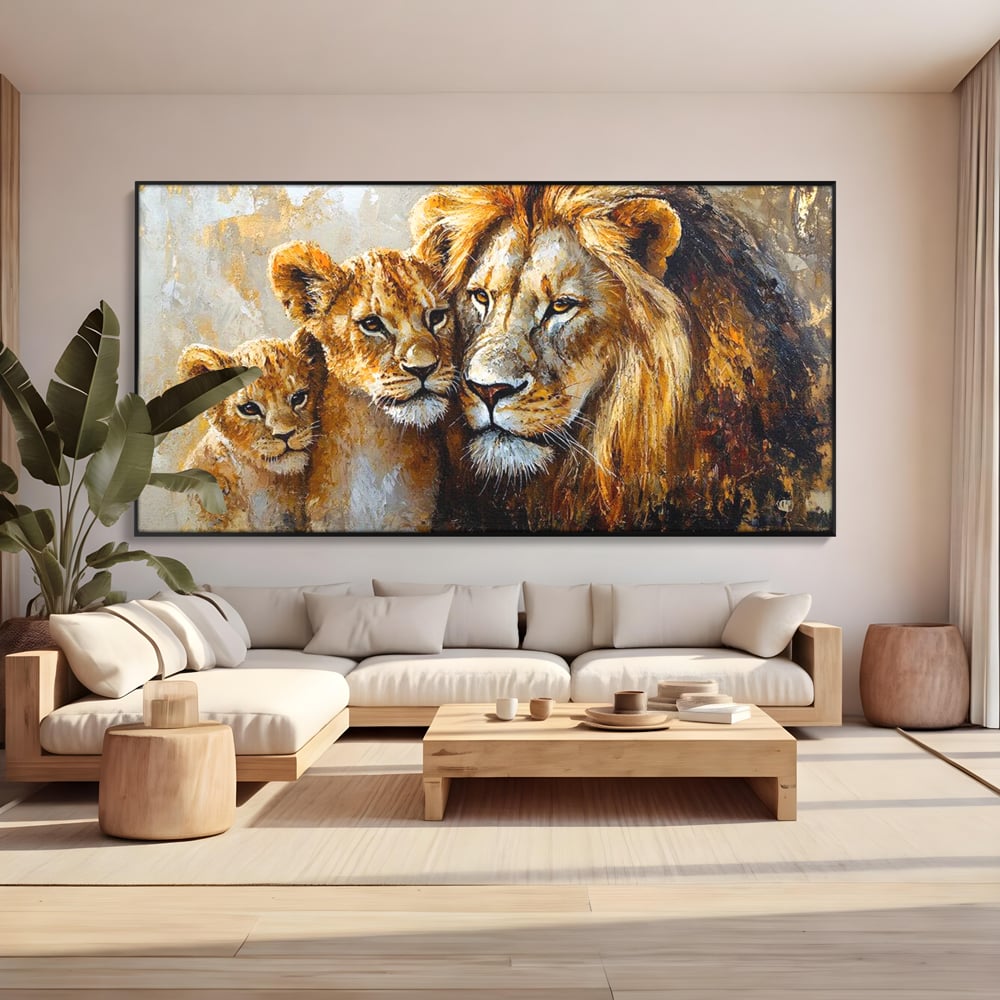 Leinwand Wandkunst Canvas Wall Art Premium, LuxCanva® M1384, Der Stolz des Königs, Familie, Bindung, Zuneigung, Vater, Huhn, Küken, Löwen, Tiere, König des Dschungels, Gold, Büro, Wohnzimmer, Kinderzimmer
