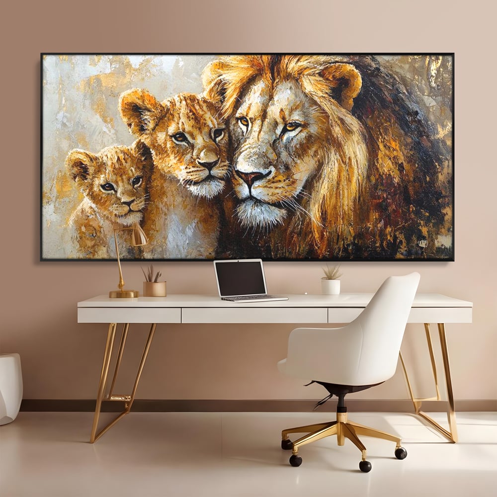 Leinwand Wandkunst Canvas Wall Art Premium, LuxCanva® M1384, Der Stolz des Königs, Familie, Bindung, Zuneigung, Vater, Huhn, Küken, Löwen, Tiere, König des Dschungels, Gold, Büro, Wohnzimmer, Kinderzimmer