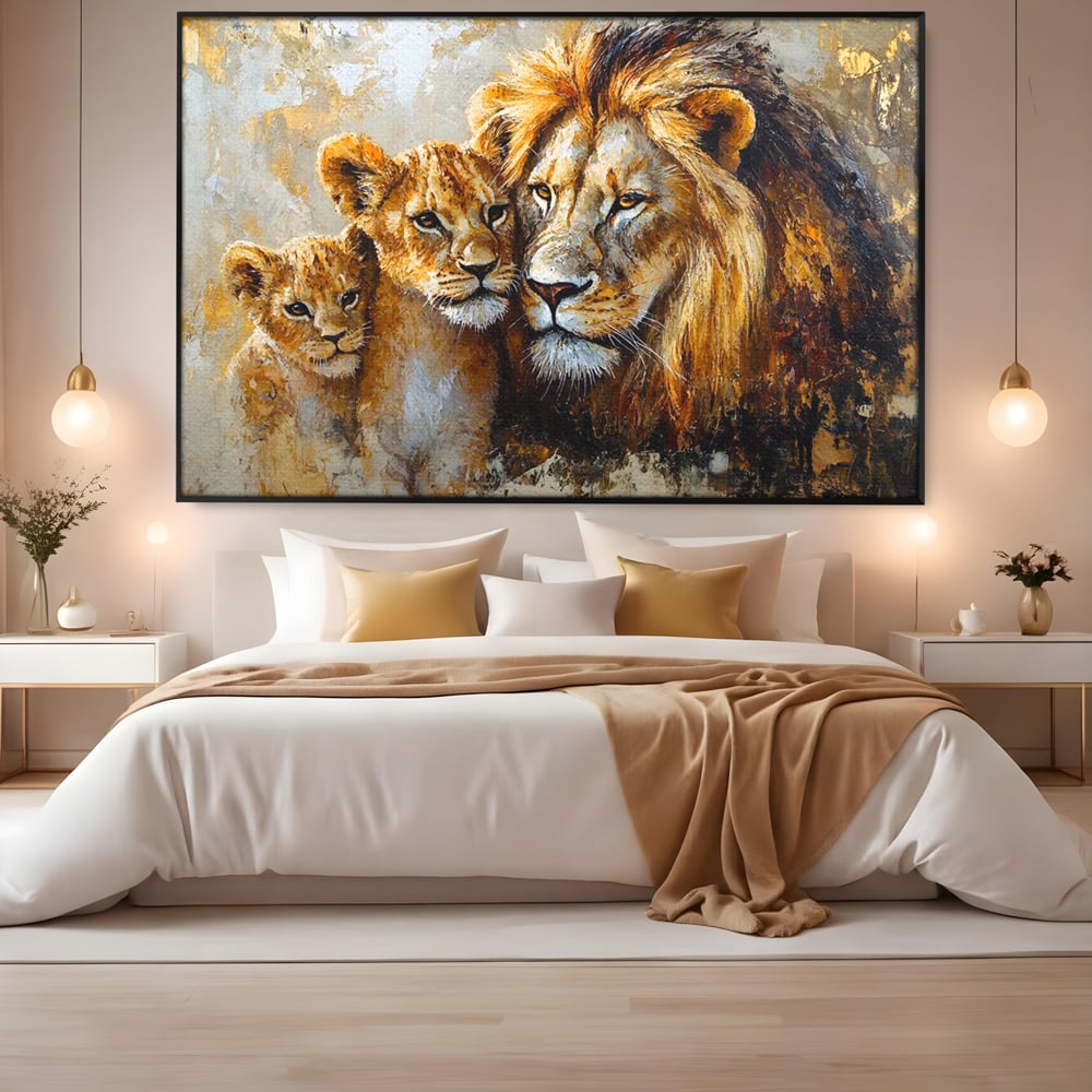 Leinwand Wandkunst Canvas Wall Art Premium, LuxCanva® M1384, Der Stolz des Königs, Familie, Bindung, Zuneigung, Vater, Huhn, Küken, Löwen, Tiere, König des Dschungels, Gold, Büro, Wohnzimmer, Kinderzimmer