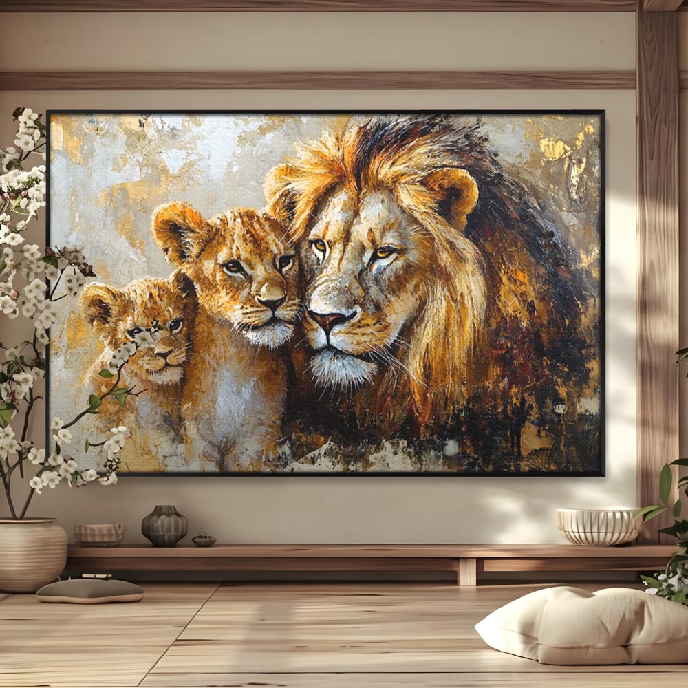 Leinwand Wandkunst Canvas Wall Art Premium, LuxCanva® M1384, Der Stolz des Königs, Familie, Bindung, Zuneigung, Vater, Huhn, Küken, Löwen, Tiere, König des Dschungels, Gold, Büro, Wohnzimmer, Kinderzimmer