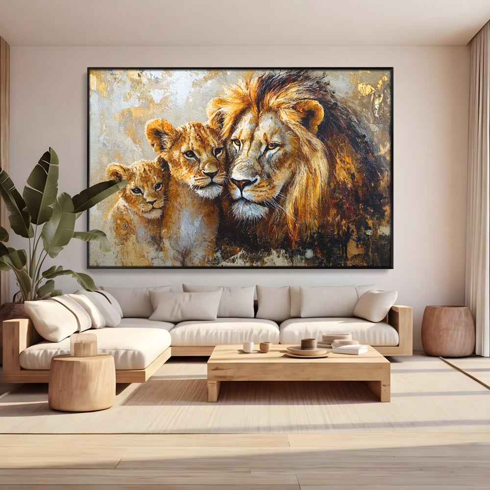 Leinwand Wandkunst Canvas Wall Art Premium, LuxCanva® M1384, Der Stolz des Königs, Familie, Bindung, Zuneigung, Vater, Huhn, Küken, Löwen, Tiere, König des Dschungels, Gold, Büro, Wohnzimmer, Kinderzimmer