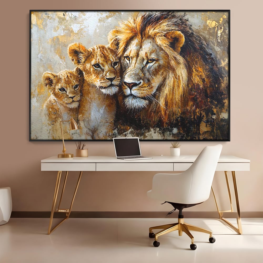 Leinwand Wandkunst Canvas Wall Art Premium, LuxCanva® M1384, Der Stolz des Königs, Familie, Bindung, Zuneigung, Vater, Huhn, Küken, Löwen, Tiere, König des Dschungels, Gold, Büro, Wohnzimmer, Kinderzimmer