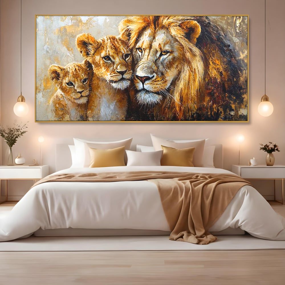 Leinwand Wandkunst Canvas Wall Art Premium, LuxCanva® M1384, Der Stolz des Königs, Familie, Bindung, Zuneigung, Vater, Huhn, Küken, Löwen, Tiere, König des Dschungels, Gold, Büro, Wohnzimmer, Kinderzimmer