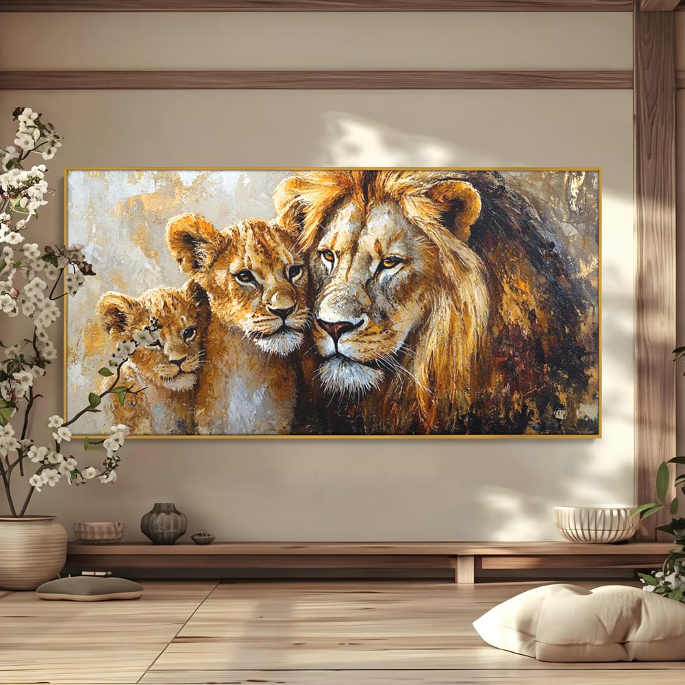 Leinwand Wandkunst Canvas Wall Art Premium, LuxCanva® M1384, Der Stolz des Königs, Familie, Bindung, Zuneigung, Vater, Huhn, Küken, Löwen, Tiere, König des Dschungels, Gold, Büro, Wohnzimmer, Kinderzimmer