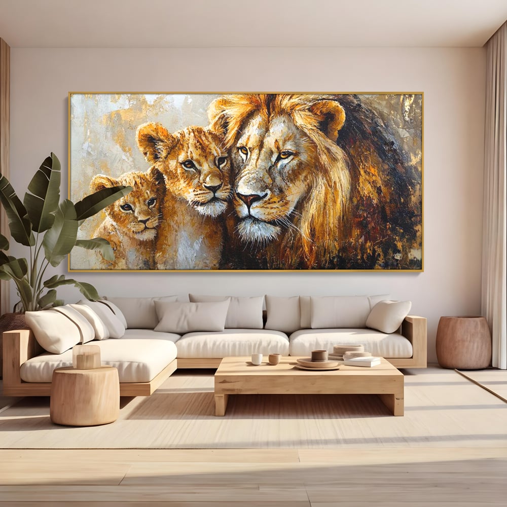 Leinwand Wandkunst Canvas Wall Art Premium, LuxCanva® M1384, Der Stolz des Königs, Familie, Bindung, Zuneigung, Vater, Huhn, Küken, Löwen, Tiere, König des Dschungels, Gold, Büro, Wohnzimmer, Kinderzimmer