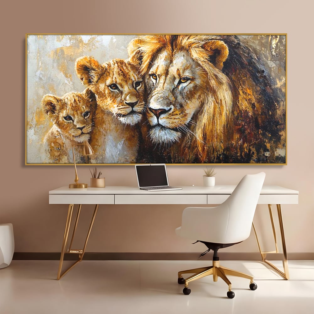 Leinwand Wandkunst Canvas Wall Art Premium, LuxCanva® M1384, Der Stolz des Königs, Familie, Bindung, Zuneigung, Vater, Huhn, Küken, Löwen, Tiere, König des Dschungels, Gold, Büro, Wohnzimmer, Kinderzimmer