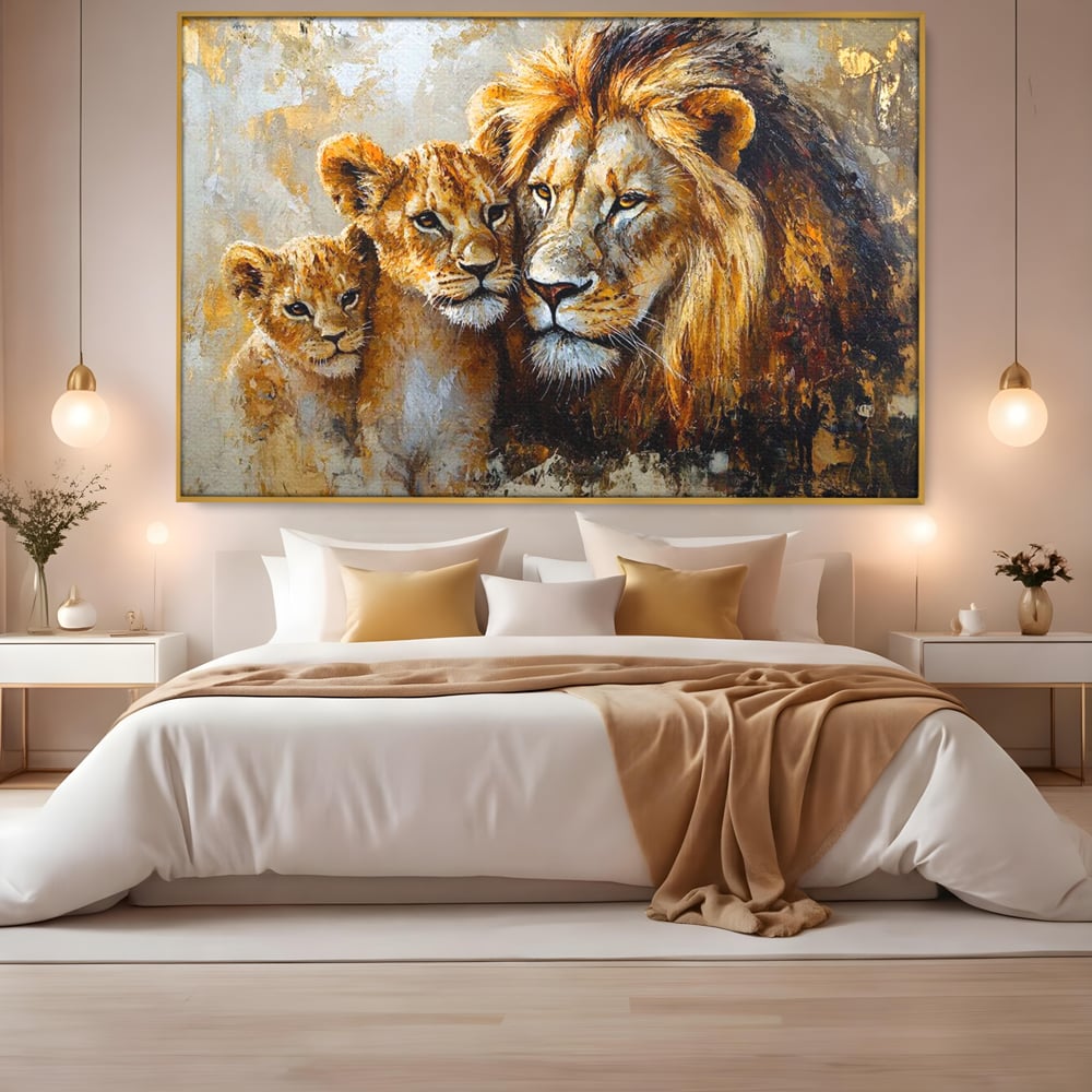 Leinwand Wandkunst Canvas Wall Art Premium, LuxCanva® M1384, Der Stolz des Königs, Familie, Bindung, Zuneigung, Vater, Huhn, Küken, Löwen, Tiere, König des Dschungels, Gold, Büro, Wohnzimmer, Kinderzimmer