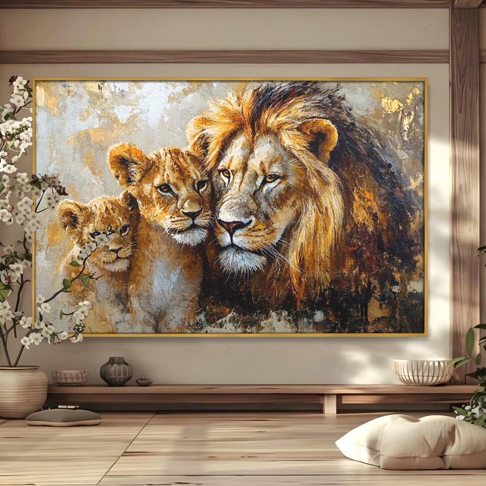 Leinwand Wandkunst Canvas Wall Art Premium, LuxCanva® M1384, Der Stolz des Königs, Familie, Bindung, Zuneigung, Vater, Huhn, Küken, Löwen, Tiere, König des Dschungels, Gold, Büro, Wohnzimmer, Kinderzimmer