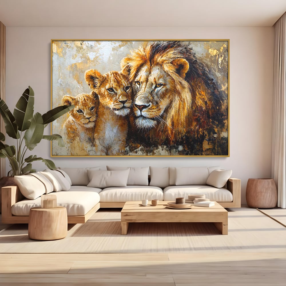 Leinwand Wandkunst Canvas Wall Art Premium, LuxCanva® M1384, Der Stolz des Königs, Familie, Bindung, Zuneigung, Vater, Huhn, Küken, Löwen, Tiere, König des Dschungels, Gold, Büro, Wohnzimmer, Kinderzimmer
