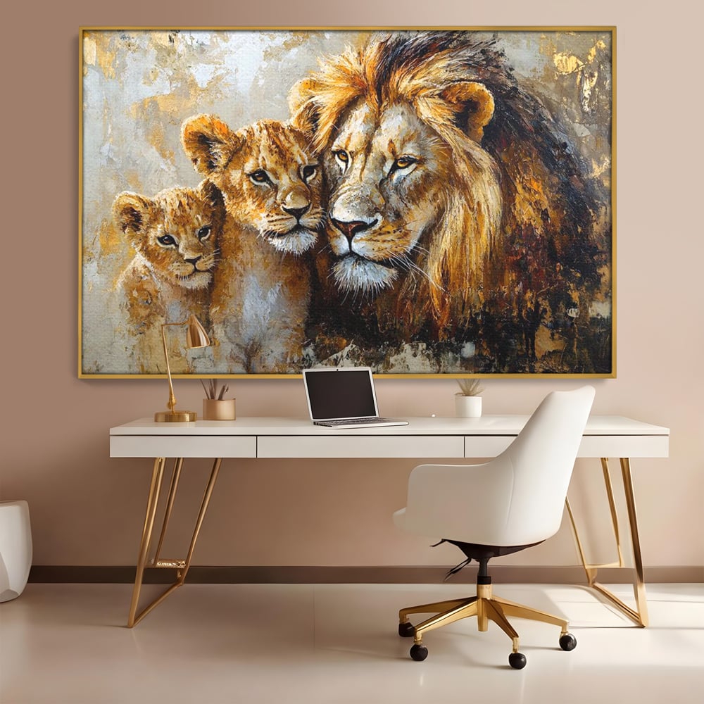 Leinwand Wandkunst Canvas Wall Art Premium, LuxCanva® M1384, Der Stolz des Königs, Familie, Bindung, Zuneigung, Vater, Huhn, Küken, Löwen, Tiere, König des Dschungels, Gold, Büro, Wohnzimmer, Kinderzimmer
