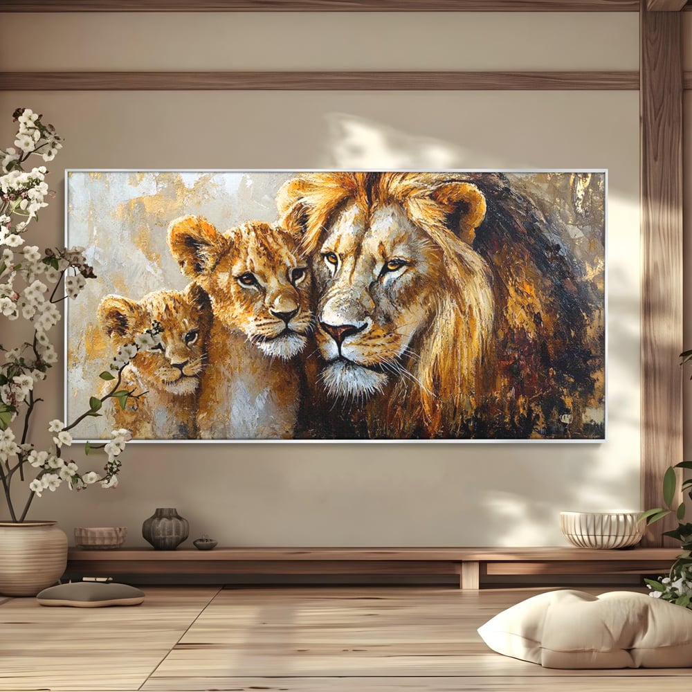 Leinwand Wandkunst Canvas Wall Art Premium, LuxCanva® M1384, Der Stolz des Königs, Familie, Bindung, Zuneigung, Vater, Huhn, Küken, Löwen, Tiere, König des Dschungels, Gold, Büro, Wohnzimmer, Kinderzimmer