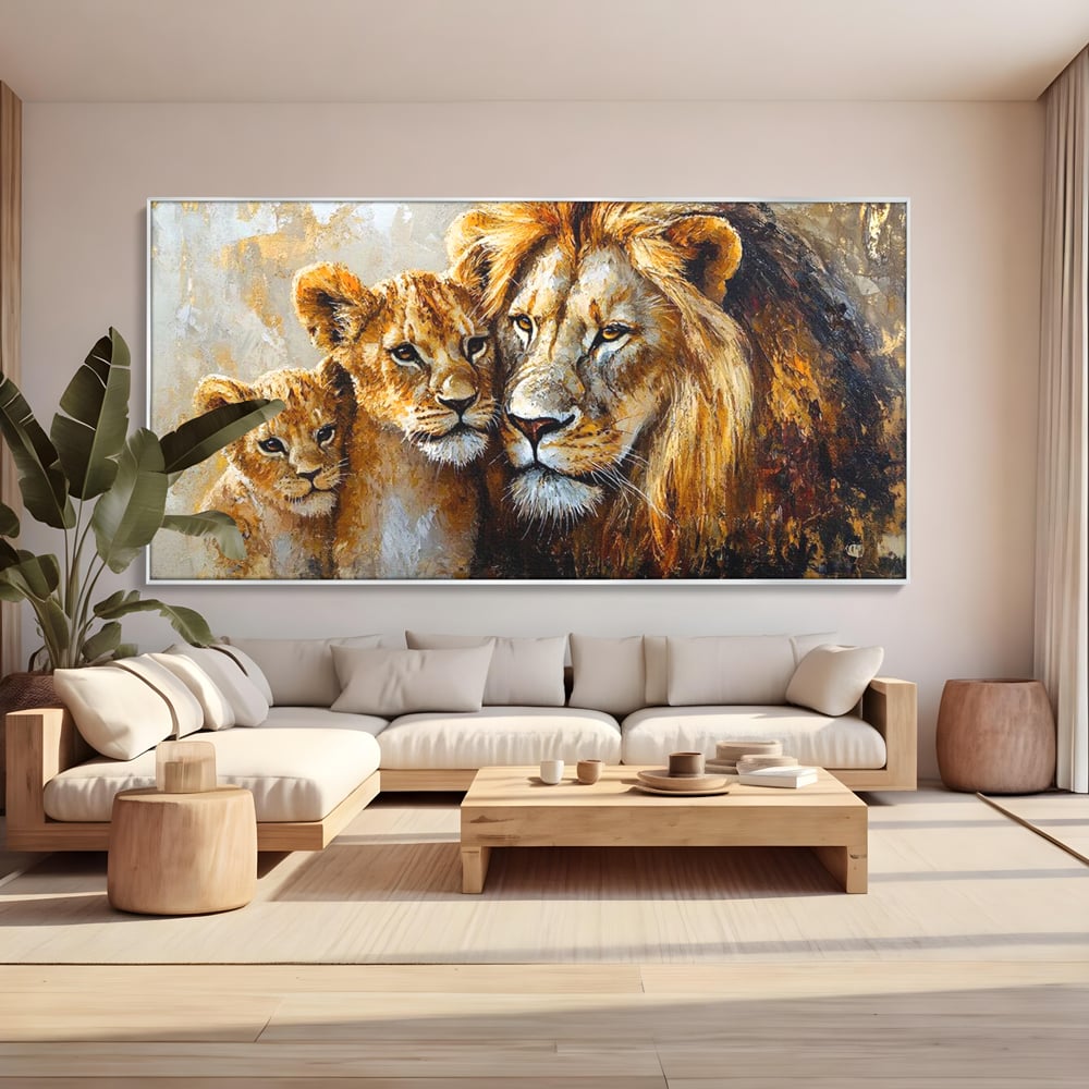 Leinwand Wandkunst Canvas Wall Art Premium, LuxCanva® M1384, Der Stolz des Königs, Familie, Bindung, Zuneigung, Vater, Huhn, Küken, Löwen, Tiere, König des Dschungels, Gold, Büro, Wohnzimmer, Kinderzimmer