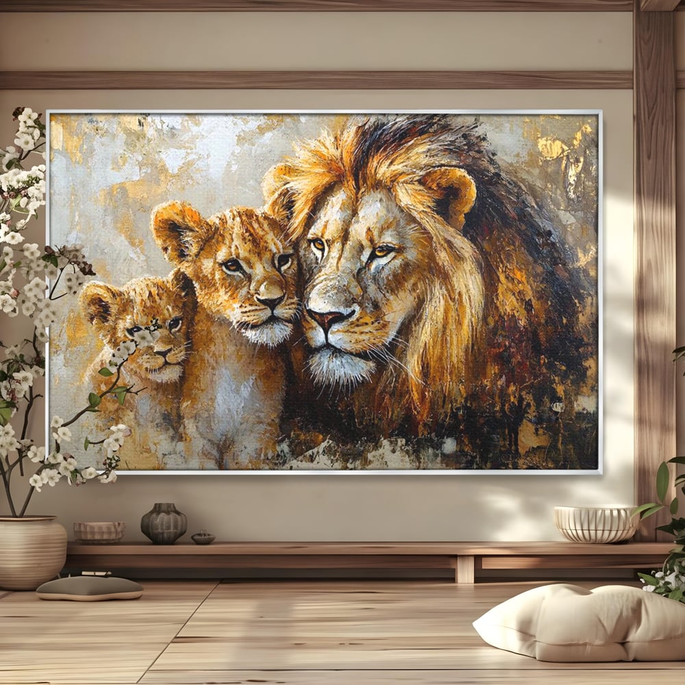 Leinwand Wandkunst Canvas Wall Art Premium, LuxCanva® M1384, Der Stolz des Königs, Familie, Bindung, Zuneigung, Vater, Huhn, Küken, Löwen, Tiere, König des Dschungels, Gold, Büro, Wohnzimmer, Kinderzimmer