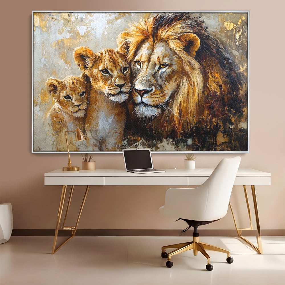 Leinwand Wandkunst Canvas Wall Art Premium, LuxCanva® M1384, Der Stolz des Königs, Familie, Bindung, Zuneigung, Vater, Huhn, Küken, Löwen, Tiere, König des Dschungels, Gold, Büro, Wohnzimmer, Kinderzimmer