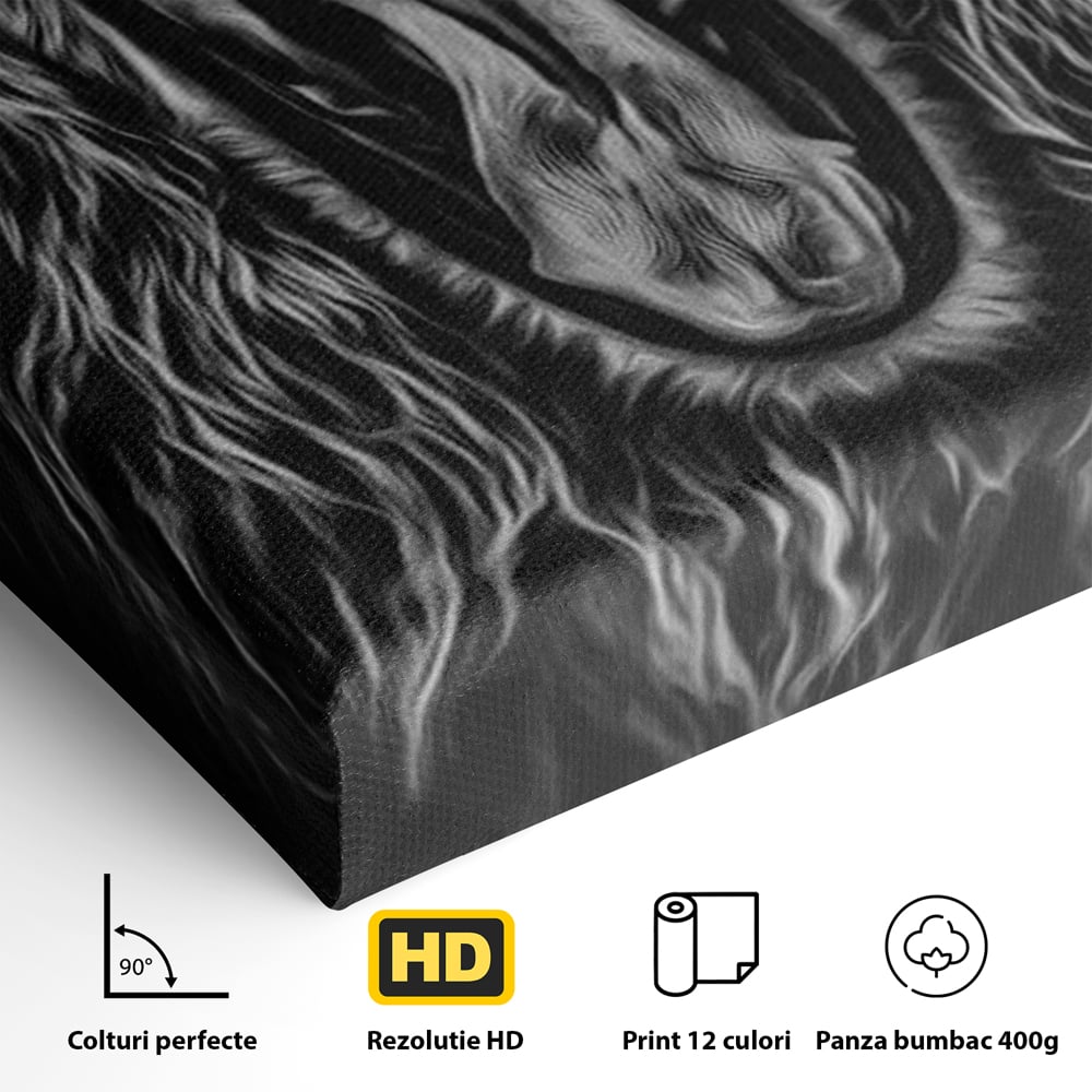 Tablou Canvas Premium, LuxCanva® M1385, Chemarea Strabunilor, Leu, Regele Junglei, Raget, Alb si Negru, Putere, Furie, Dramatic, Animal, Salbatic, Birou, Living, Camera Copil