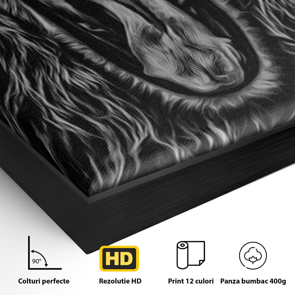 Tablou Canvas Premium, LuxCanva® M1385, Chemarea Strabunilor, Leu, Regele Junglei, Raget, Alb si Negru, Putere, Furie, Dramatic, Animal, Salbatic, Birou, Living, Camera Copil