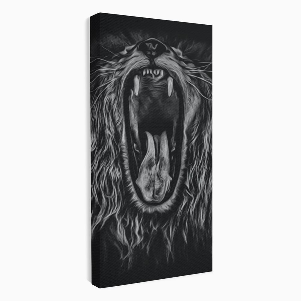 Tablou Canvas Premium, LuxCanva® M1385, Chemarea Strabunilor, Leu, Regele Junglei, Raget, Alb si Negru, Putere, Furie, Dramatic, Animal, Salbatic, Birou, Living, Camera Copil