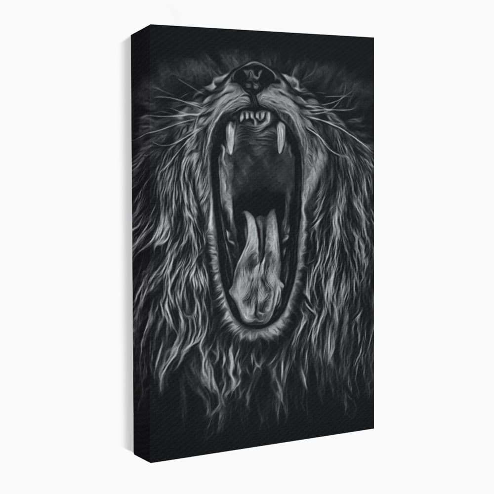 Tablou Canvas Premium, LuxCanva® M1385, Chemarea Strabunilor, Leu, Regele Junglei, Raget, Alb si Negru, Putere, Furie, Dramatic, Animal, Salbatic, Birou, Living, Camera Copil