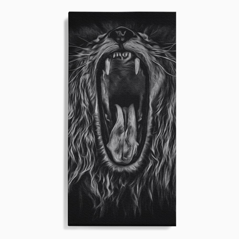 Tablou Canvas Premium, LuxCanva® M1385, Chemarea Strabunilor, Leu, Regele Junglei, Raget, Alb si Negru, Putere, Furie, Dramatic, Animal, Salbatic, Birou, Living, Camera Copil