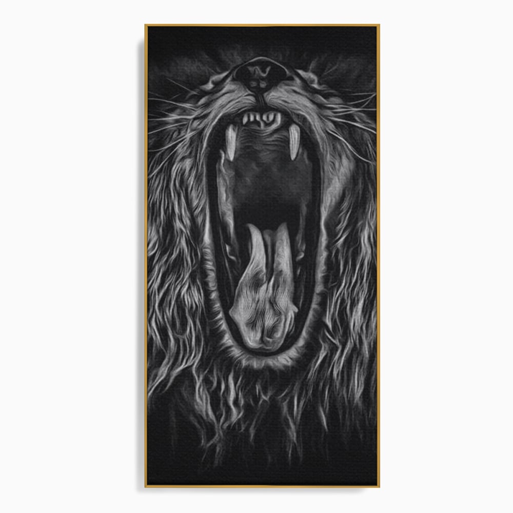 Tablou Canvas Premium, LuxCanva® M1385, Chemarea Strabunilor, Leu, Regele Junglei, Raget, Alb si Negru, Putere, Furie, Dramatic, Animal, Salbatic, Birou, Living, Camera Copil