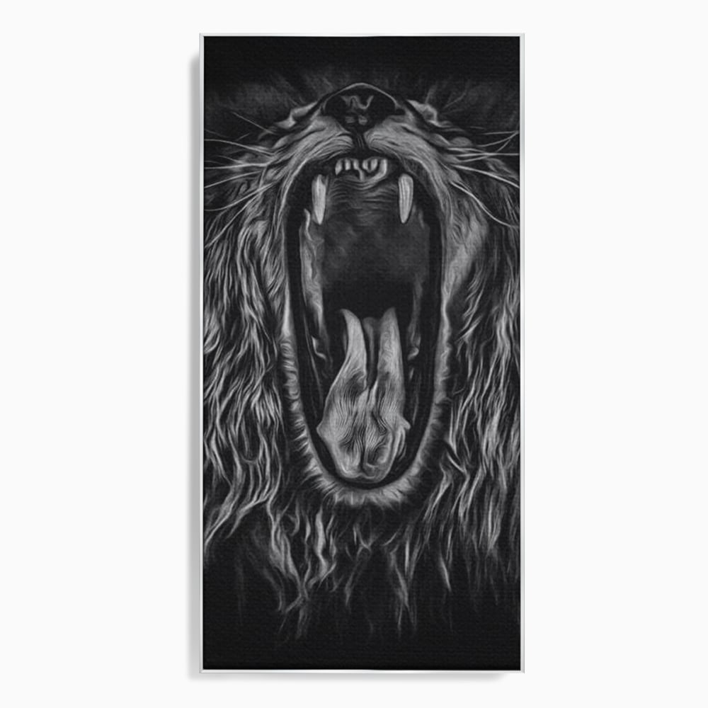 Tablou Canvas Premium, LuxCanva® M1385, Chemarea Strabunilor, Leu, Regele Junglei, Raget, Alb si Negru, Putere, Furie, Dramatic, Animal, Salbatic, Birou, Living, Camera Copil