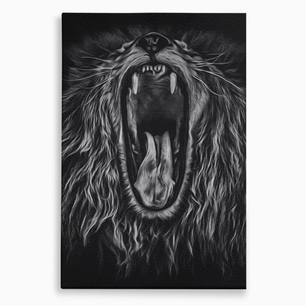 Tablou Canvas Premium, LuxCanva® M1385, Chemarea Strabunilor, Leu, Regele Junglei, Raget, Alb si Negru, Putere, Furie, Dramatic, Animal, Salbatic, Birou, Living, Camera Copil