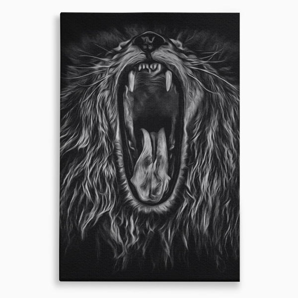 Tablou Canvas Premium, LuxCanva® M1385, Chemarea Strabunilor, Leu, Regele Junglei, Raget, Alb si Negru, Putere, Furie, Dramatic, Animal, Salbatic, Birou, Living, Camera Copil