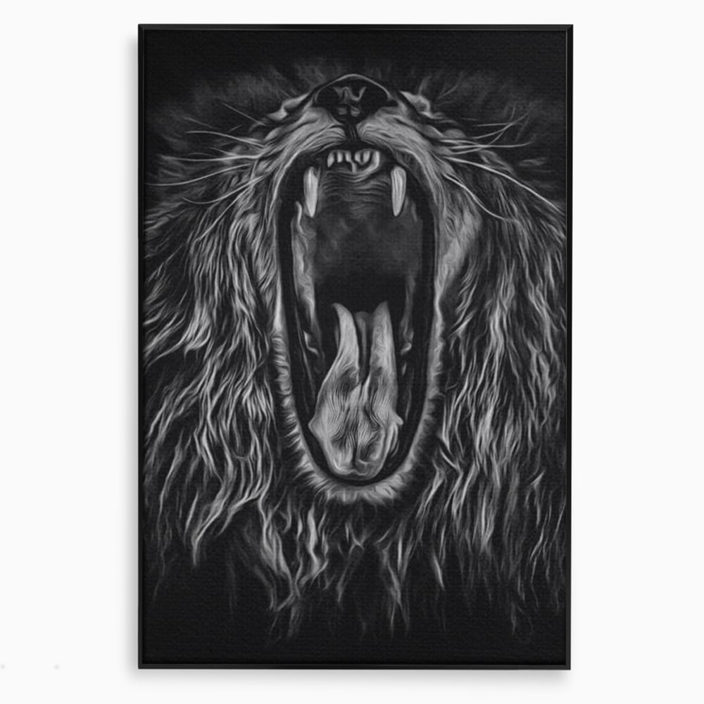 Tablou Canvas Premium, LuxCanva® M1385, Chemarea Strabunilor, Leu, Regele Junglei, Raget, Alb si Negru, Putere, Furie, Dramatic, Animal, Salbatic, Birou, Living, Camera Copil