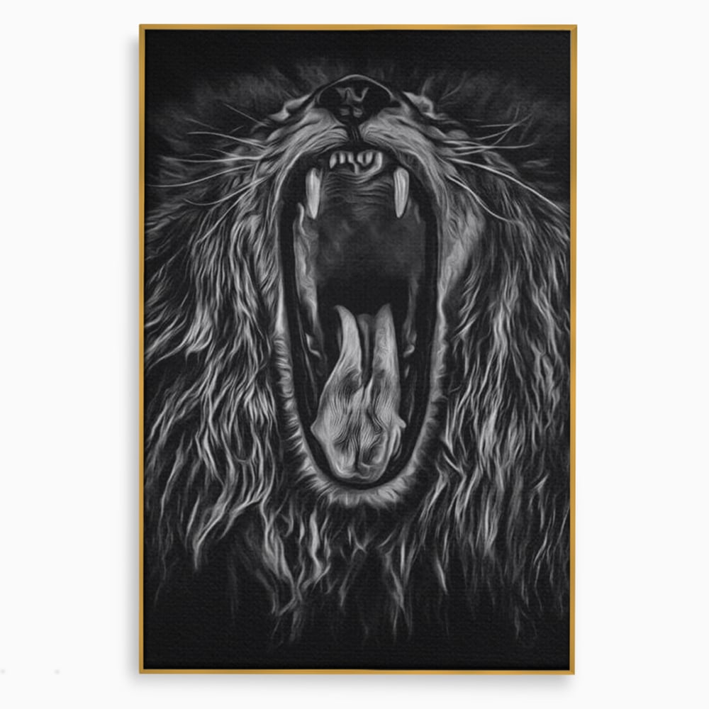 Tablou Canvas Premium, LuxCanva® M1385, Chemarea Strabunilor, Leu, Regele Junglei, Raget, Alb si Negru, Putere, Furie, Dramatic, Animal, Salbatic, Birou, Living, Camera Copil