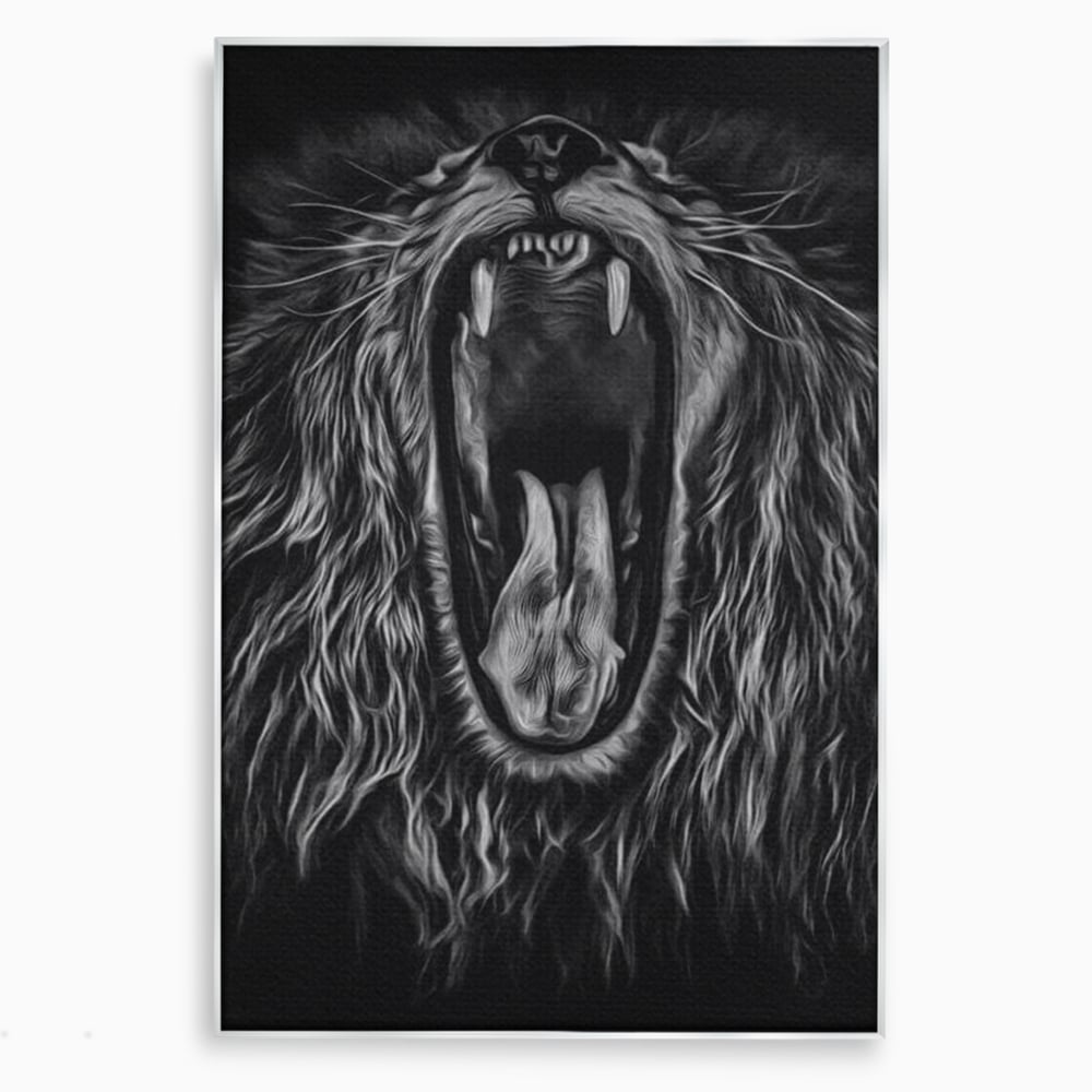 Tablou Canvas Premium, LuxCanva® M1385, Chemarea Strabunilor, Leu, Regele Junglei, Raget, Alb si Negru, Putere, Furie, Dramatic, Animal, Salbatic, Birou, Living, Camera Copil