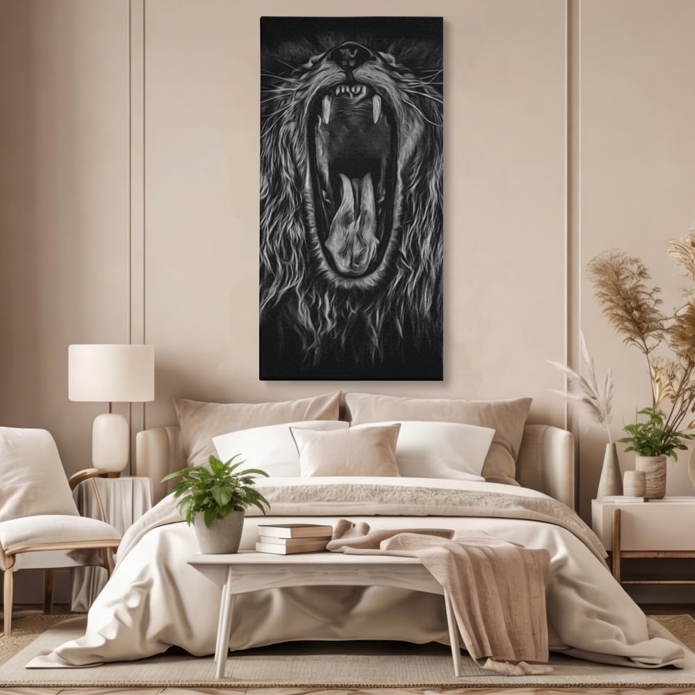 Tablou Canvas Premium, LuxCanva® M1385, Chemarea Strabunilor, Leu, Regele Junglei, Raget, Alb si Negru, Putere, Furie, Dramatic, Animal, Salbatic, Birou, Living, Camera Copil