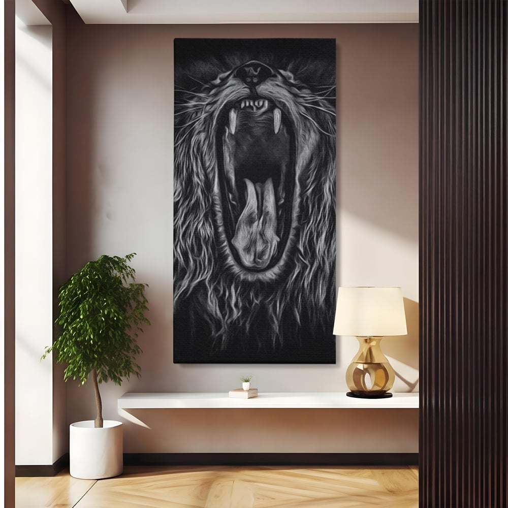 Tablou Canvas Premium, LuxCanva® M1385, Chemarea Strabunilor, Leu, Regele Junglei, Raget, Alb si Negru, Putere, Furie, Dramatic, Animal, Salbatic, Birou, Living, Camera Copil