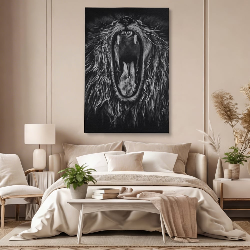 Tablou Canvas Premium, LuxCanva® M1385, Chemarea Strabunilor, Leu, Regele Junglei, Raget, Alb si Negru, Putere, Furie, Dramatic, Animal, Salbatic, Birou, Living, Camera Copil