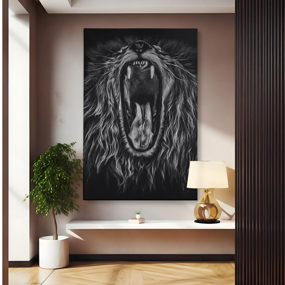 Tablou Canvas Premium, LuxCanva® M1385, Chemarea Strabunilor, Leu, Regele Junglei, Raget, Alb si Negru, Putere, Furie, Dramatic, Animal, Salbatic, Birou, Living, Camera Copil