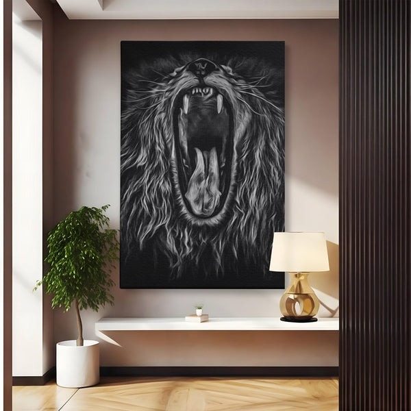 Tablou Canvas Premium, LuxCanva® M1385, Chemarea Strabunilor, Leu, Regele Junglei, Raget, Alb si Negru, Putere, Furie, Dramatic, Animal, Salbatic, Birou, Living, Camera Copil